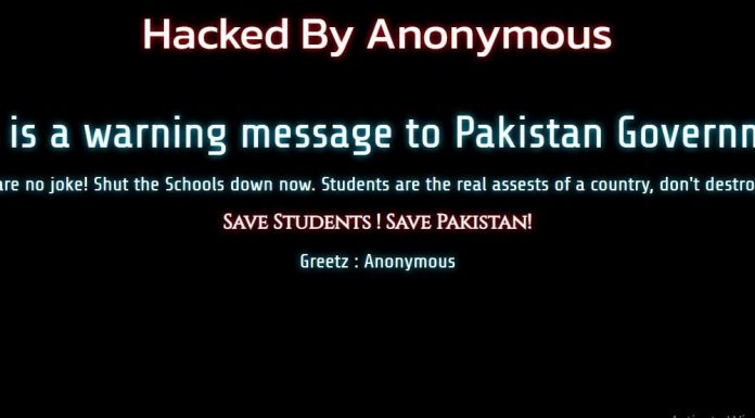 The Sindh Investments official website was hacked by anonymous to shut down schools immediately.
